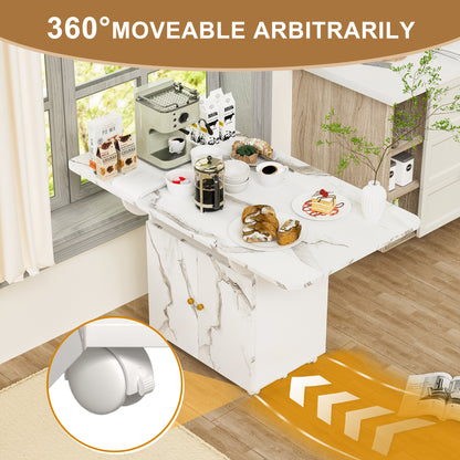 Folding Dining Table Storage Wheels 47Inch White Marble