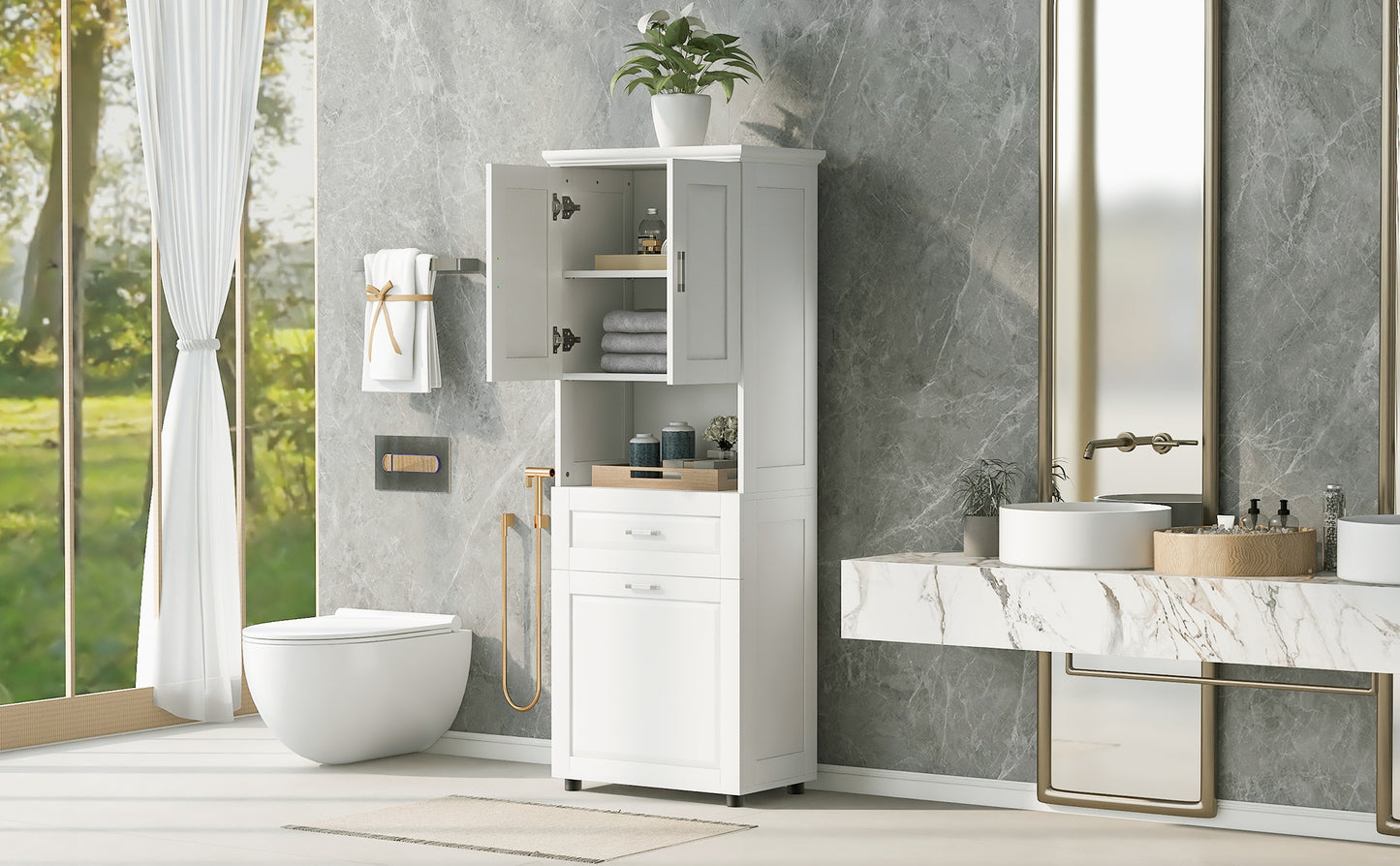 White Tall Storage Cabinet with Tilt-Out Laundry Hamper and Upper Shelves