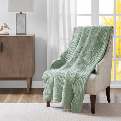 Oversized Quilted Throw with Scalloped Edges - 60x72, Microfiber, Cotton Filling - Sofa Decor Seafoam