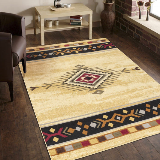 Southwest Area Rug, 5'3" x 7'3", Low-Pile Polypropylene, Jute Backing, Stain-Resistant, Kid Safe, Cream