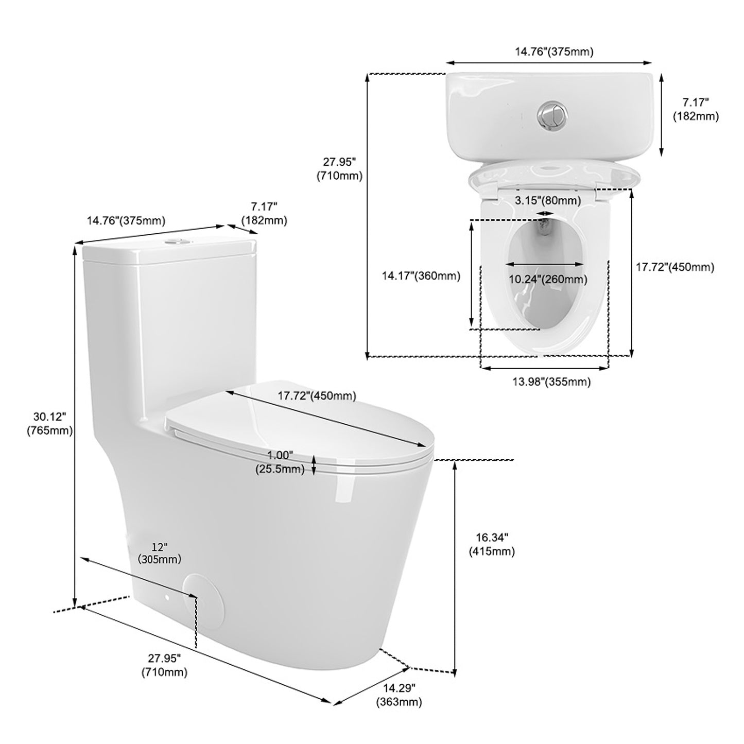 Comfort Height Elongated One-Piece Toilet with Dual-Flush System, CUPC & WaterSense Certified, Ceramic, White, Soft Close Seat, T036WT