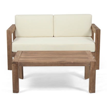 Acacia Wood 2 Piece Patio Set With Open Back Loveseat And Coffee Table For Outdoor Living Beige And Brown