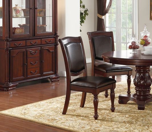 Formal Dining Side Chairs, Set of 2, Rubberwood with Wood Veneer, PU Upholstered Seats, Carved Dark Brown