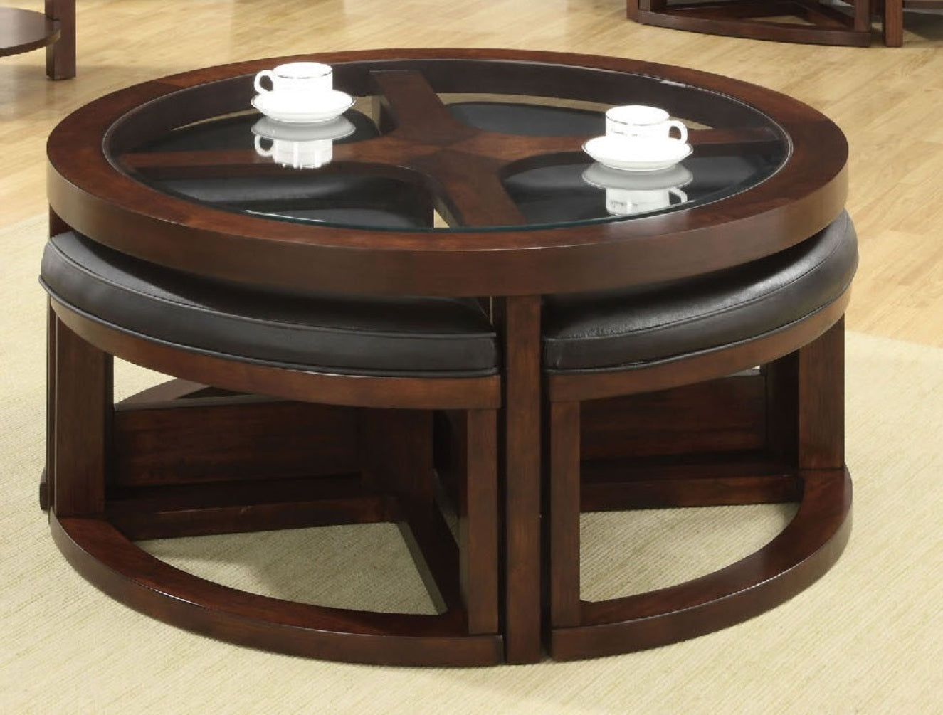 Round Coffee Table with Glass Insert, 40in Dia x 19in H, Includes 4 Ottomans, Solid Wood Dark Walnut