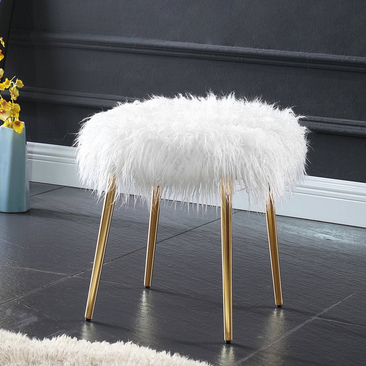 Faux Fur Accent Ottoman with Rose Gold Legs, 17W x 17D x 16H, Thick Cushioned Seat, Glam Decor White