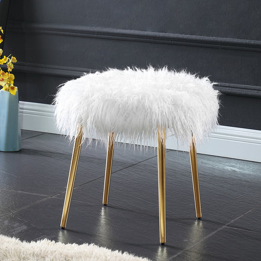 Faux Fur Accent Ottoman with Rose Gold Legs, 17W x 17D x 16H, Thick Cushioned Seat, Glam Decor White