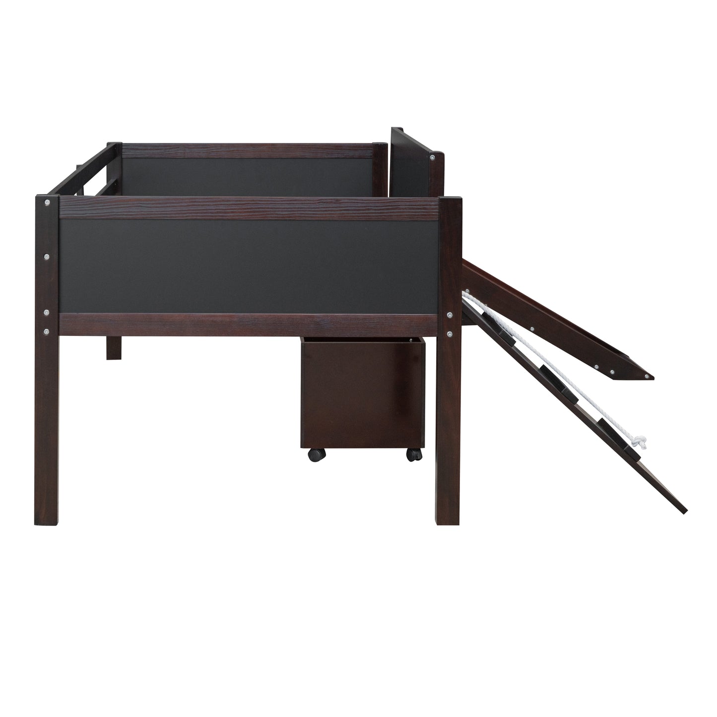Espresso Twin Loft Bed with Slide and Storage Bins