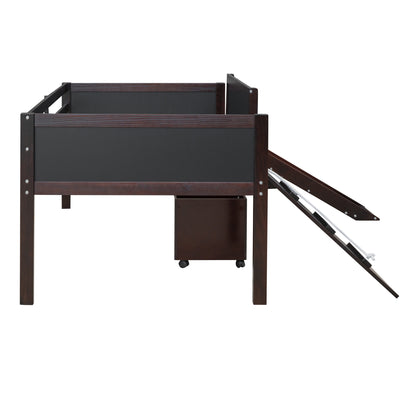 Espresso Twin Loft Bed with Slide and Storage Bins