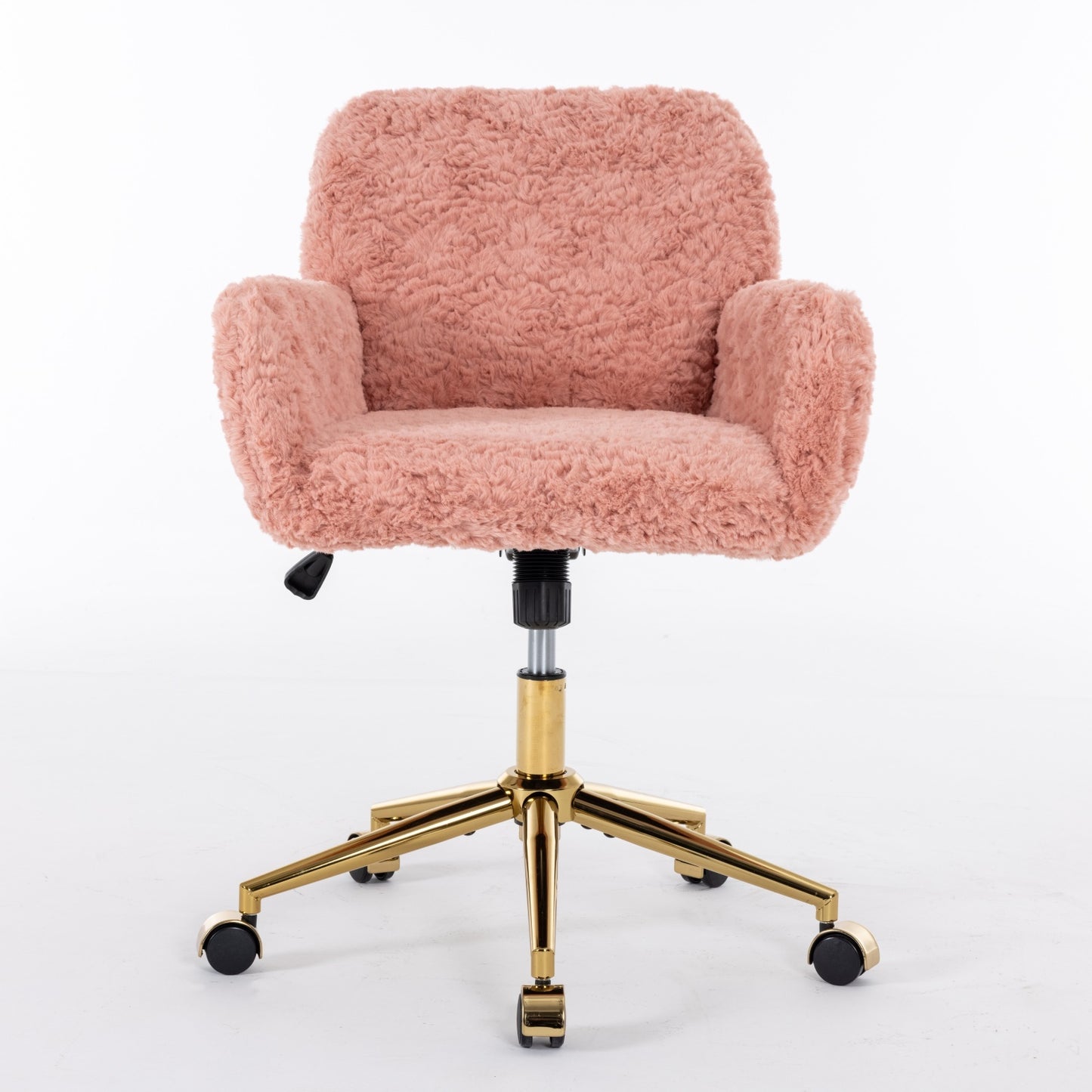 Elegant Pink Upholstered Office Chair with Golden Base - Adjustable Swivel Vanity Chair with Rabbit Fur Cushion