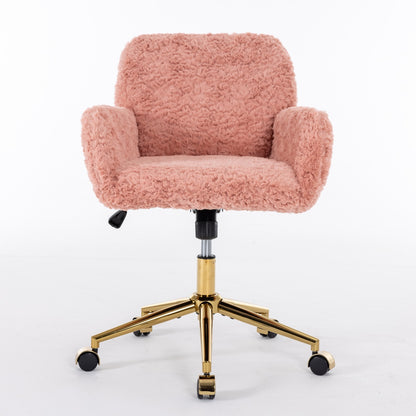 Elegant Pink Upholstered Office Chair with Golden Base - Adjustable Swivel Vanity Chair with Rabbit Fur Cushion