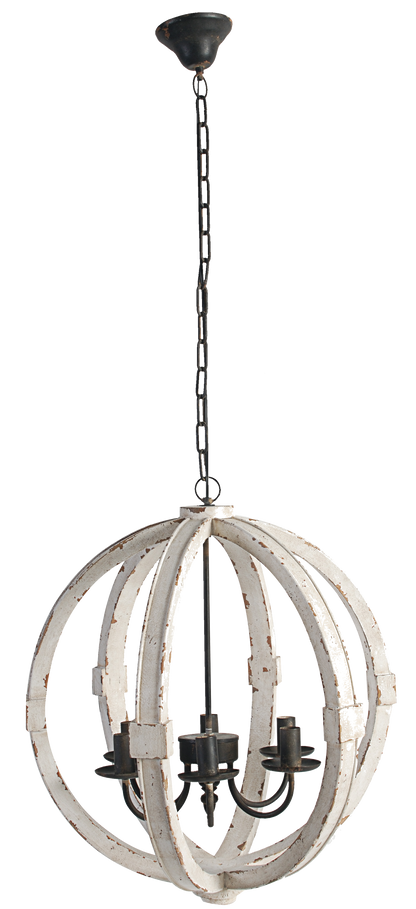 6-Light Pine Wood Chandelier with Adjustable Chain, Iron Accents for Kitchen and Dining Rooms White