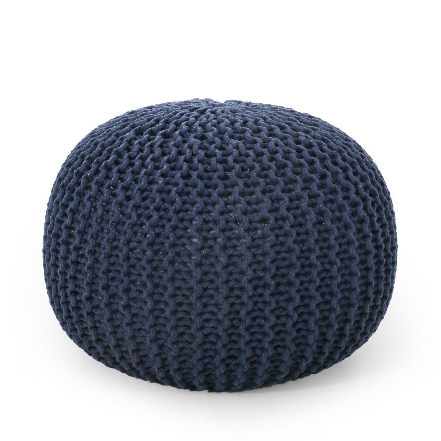 Knitted Cotton Round Pouf Ottoman, 20in Square, 13in High Floor Cushion, 200lb Capacity, Navy Blue