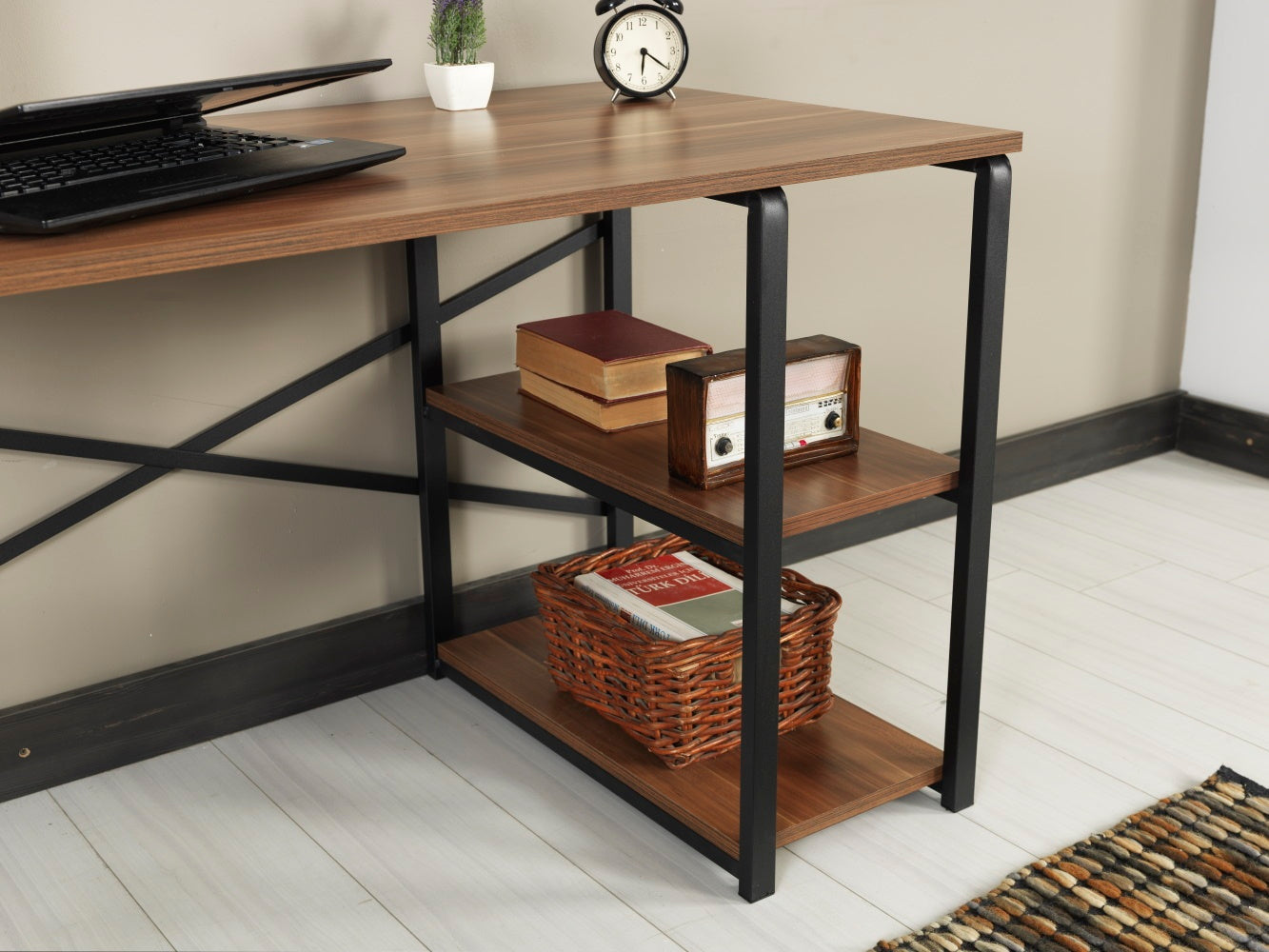 Sage Black Metal Frame 47" Walnut Wooden Top Writing Desk with 2 Shelves for Home Office