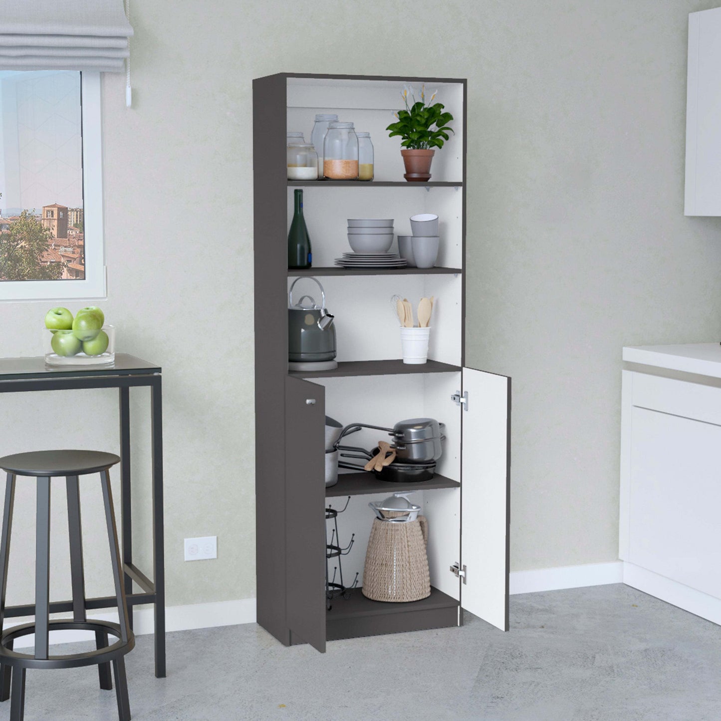 Modern 2-Door Storage Bookcase with Open Shelves - Matt Gray / White - Office Furniture