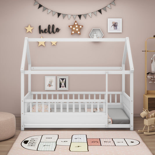 Whimsical Twin Floor Bed with House Roof and Safety Guardrails in White