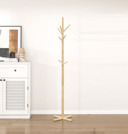 Floor Standing Coat Rack with 3 Tiers, 9 Hooks, 70in Tall, Solid Wood, Entryway Rack Natural Finish