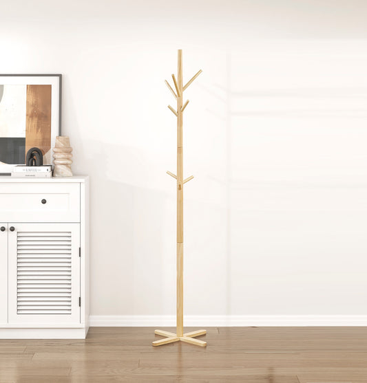 Floor Standing Coat Rack with 3 Tiers, 9 Hooks, 70in Tall, Solid Wood, Entryway Rack Natural Finish