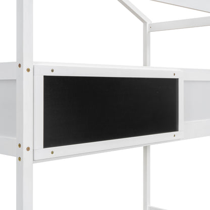 Whimsical Twin over Full House Bunk Bed with Storage Steps and Blackboard, White