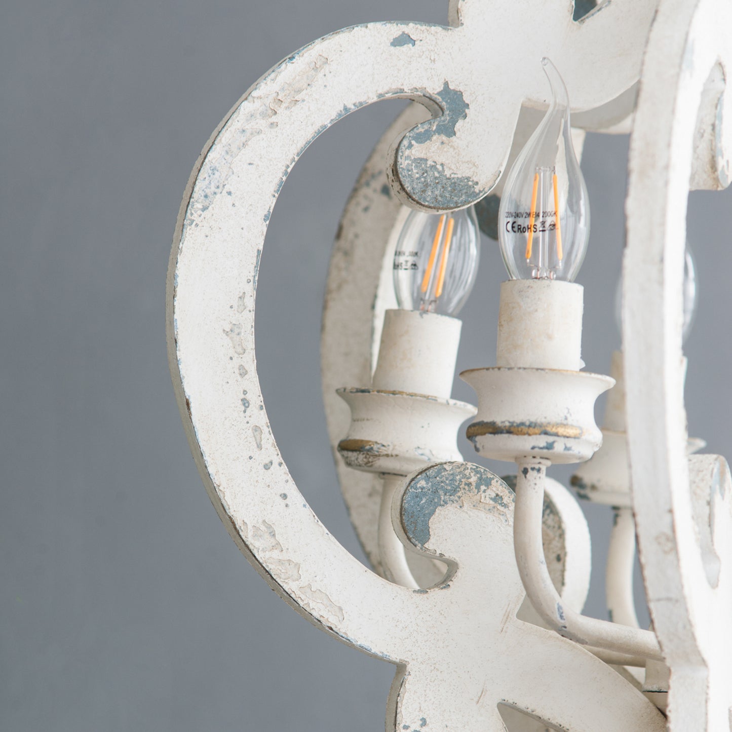 French Country 6-Light Wood Chandelier with Adjustable Chain, Bulbs Not Included, Whitewashed Beige