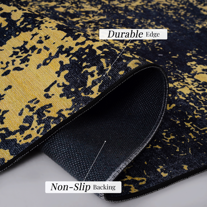 5x8 Machine-Washable Area Rug, Low-Pile, Non-Slip, Foldable, Kid & Pet Friendly Living Room Black & Gold