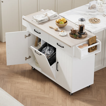 Rolling White Kitchen Island with Drop Leaf and Tilt-out Trash Can Storage, Spice Rack & Towel Rack