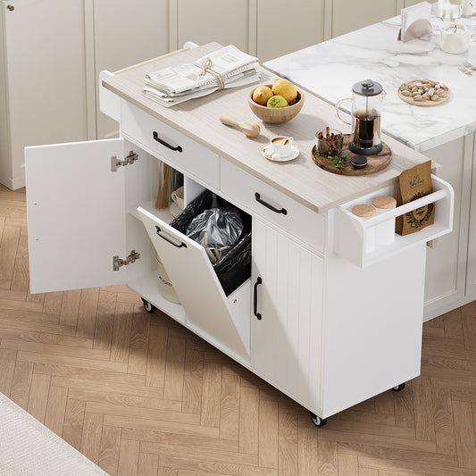 Rolling White Kitchen Island with Drop Leaf and Tilt-out Trash Can Storage, Spice Rack & Towel Rack