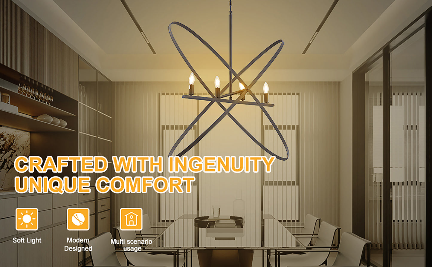 4-Light Orb Pendant, 29L x 15W x 37.5H in, Brass Metal, Modern Art-Inspired, Dimmable, Matte Black