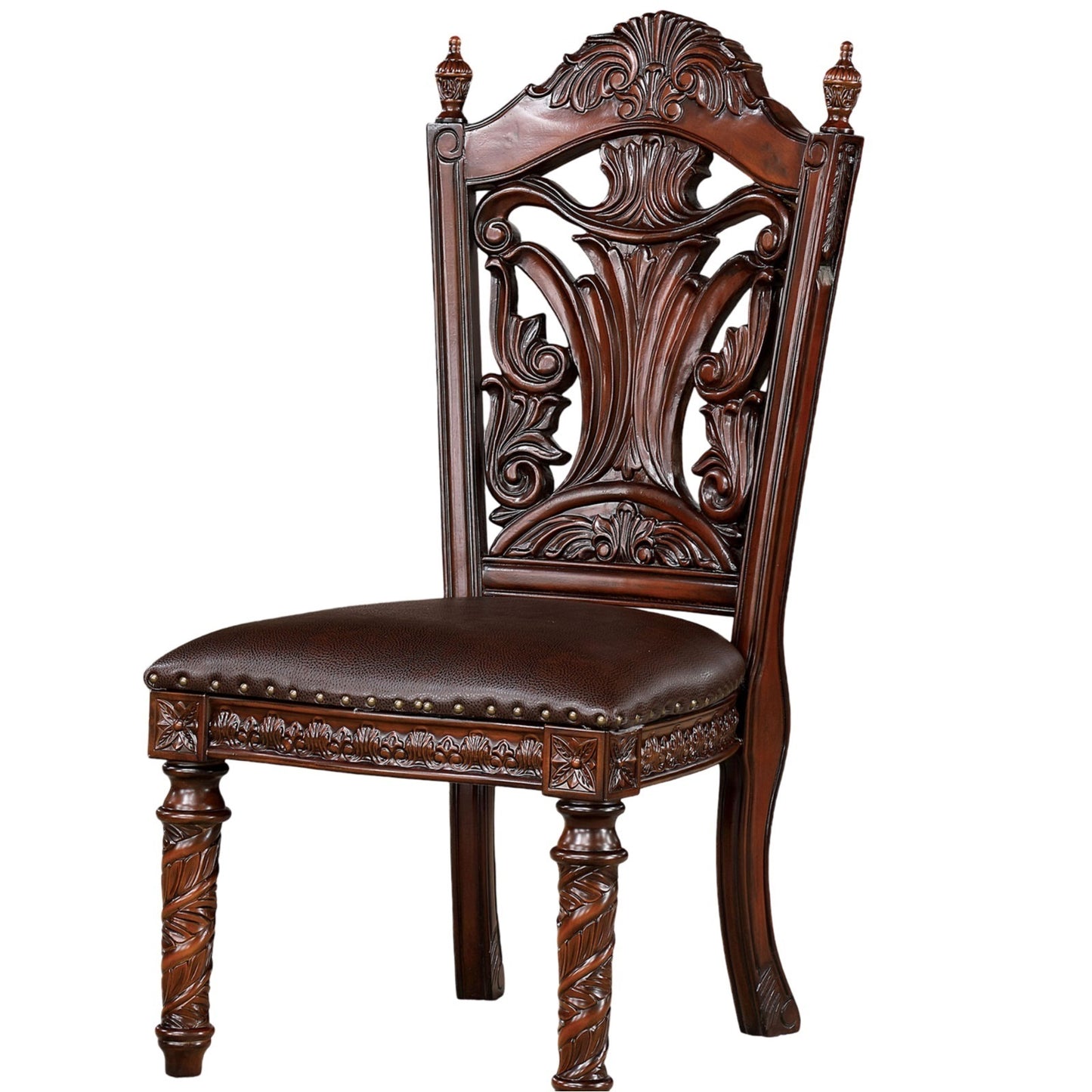 Traditional Dining Side Chair Set of 2, Solid Wood, Leatherette, Carved Back, Nailhead Trim Dark Brown