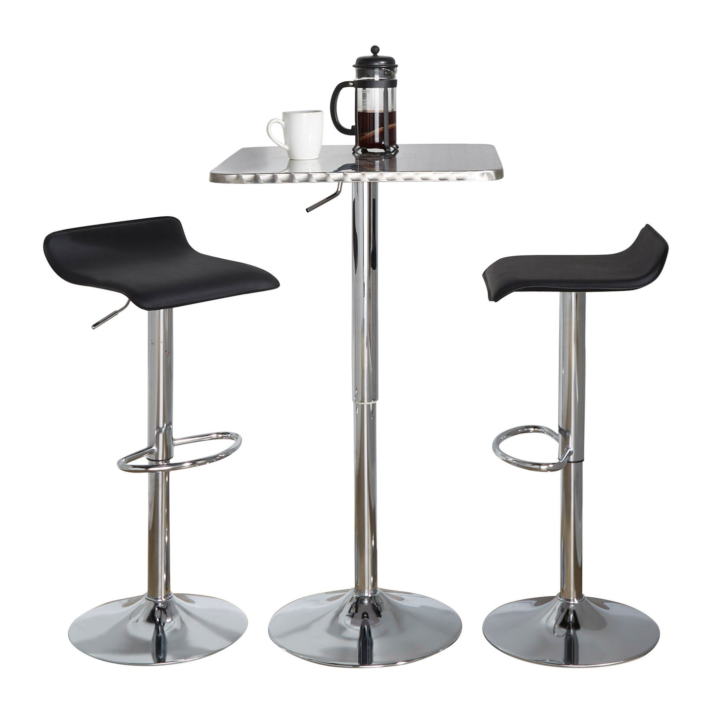Contemporary Adjustable Bar Set, 3-Piece Square Bistro, Metal Frame, PVC Cushions, Finish Black