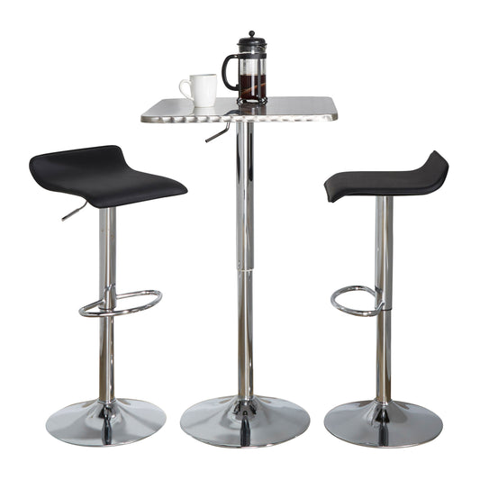 Contemporary Adjustable Bar Set, 3-Piece Square Bistro, Metal Frame, PVC Cushions, Finish Black