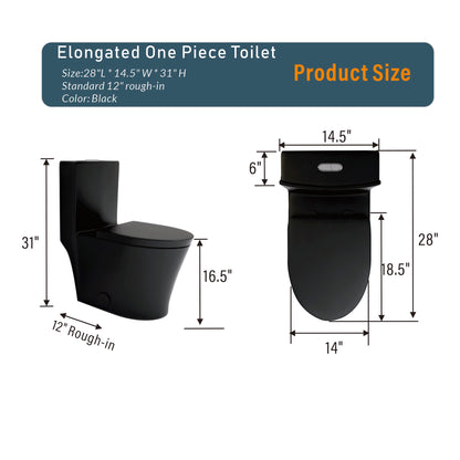 Matte Black Modern Elongated One-Piece Toilet with Dual Flush and Soft-Close Seat