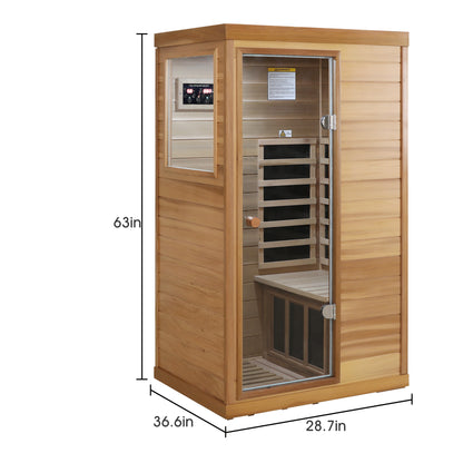 1-Person Indoor Far Infrared Sauna with Left Glass Door, 36x28x62 in, LCD, Bluetooth, 1050W Red Cedar