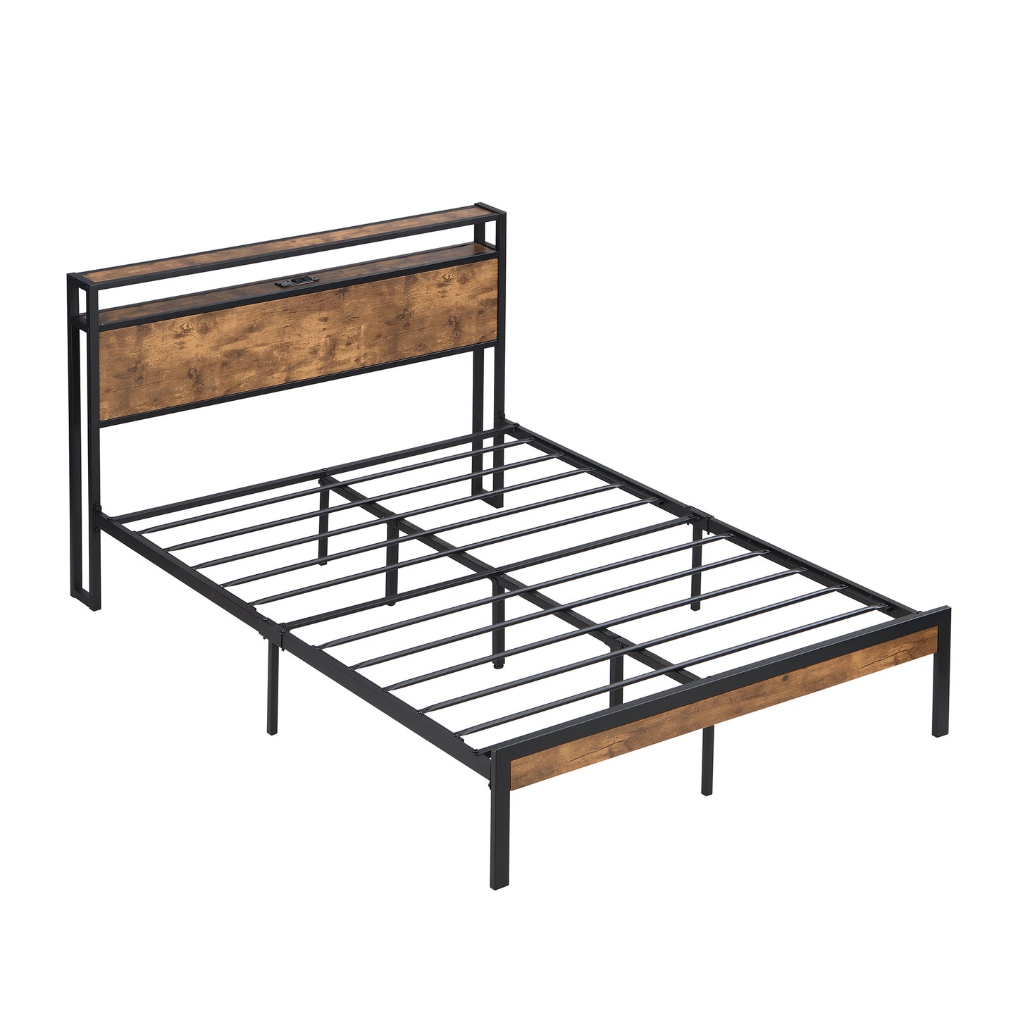King Platform Bed Frame with Wooden Headboard and Footboard, USB Port, No Box Spring, Modern Black Brown