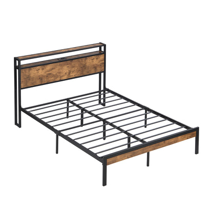 King Platform Bed Frame with Wooden Headboard and Footboard, USB Port, No Box Spring, Modern Black Brown