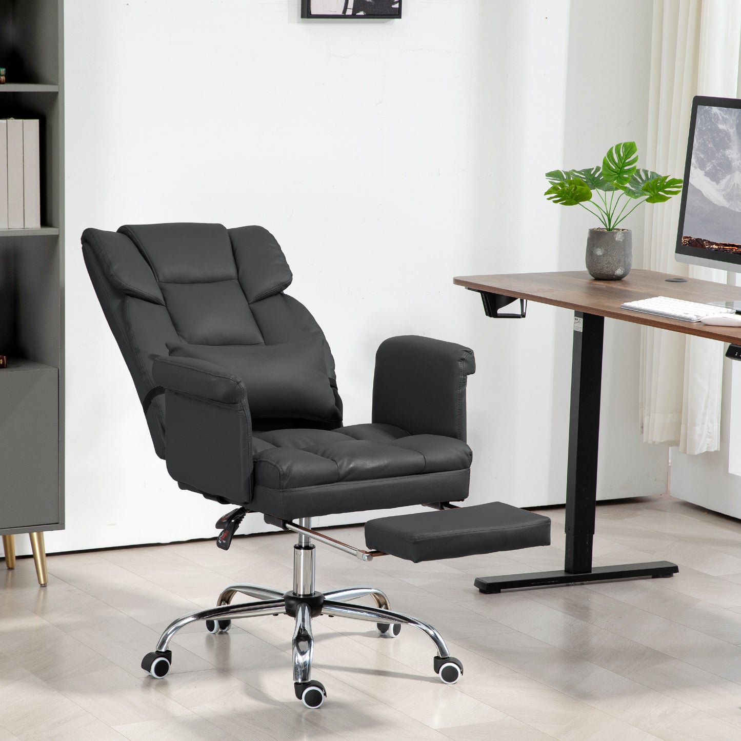 Black Ergonomic PU Leather Executive Office Chair with Recline, Swivel, Footrest, and Lumbar Support