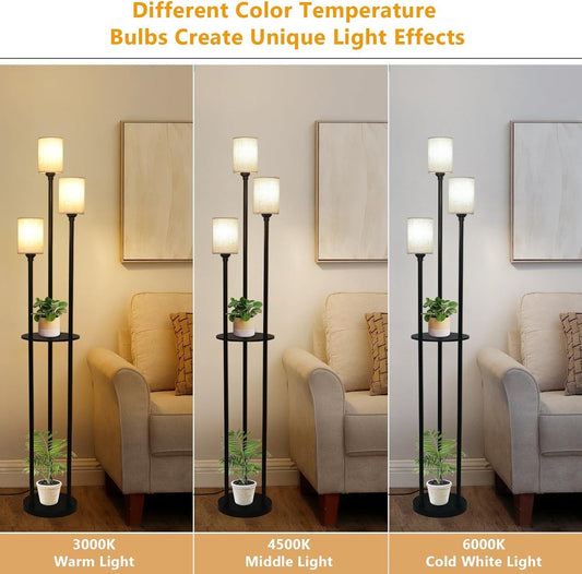 3-Light Floor Lamp with Shelves, Industrial Modern Floor Lamp, Linen Shade, Foot Pedal, 66in Black