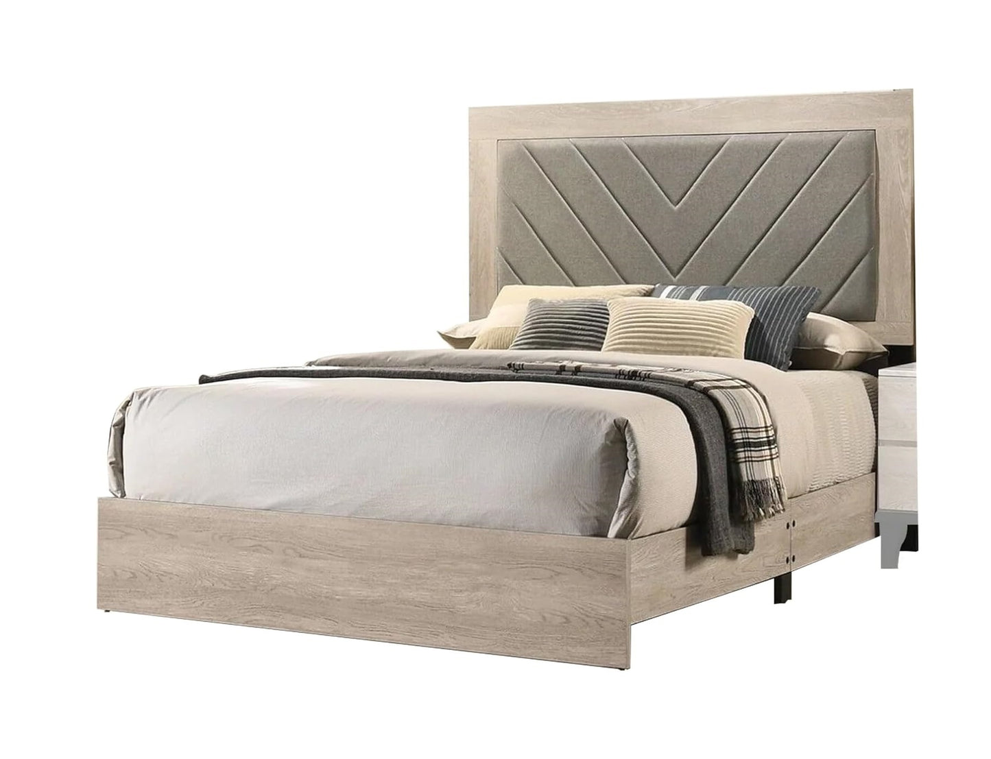 Elegant Cream California King Bed with Gray V-Design Headboard - Premium Rubberwood Frame