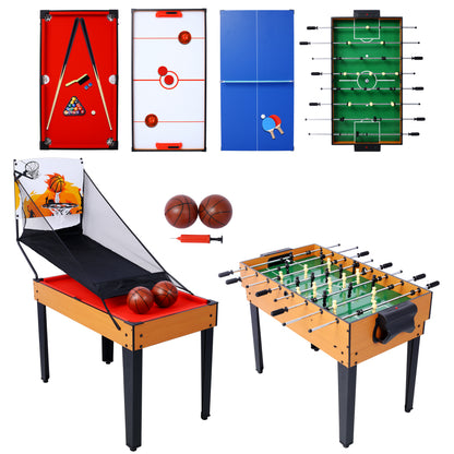 5-in-1 Game Table: Billiards, Ping Pong, Foosball, Basketball, Push Hockey; 43x24x32 in MDF+Steel Brown/Red