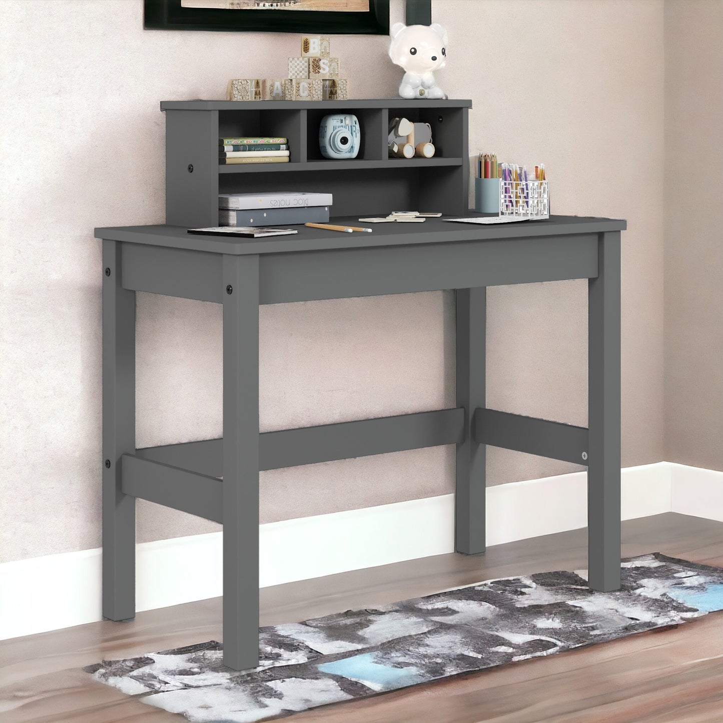 Sleek Gray Wood Writing Desk with Hutch and Cable Management
