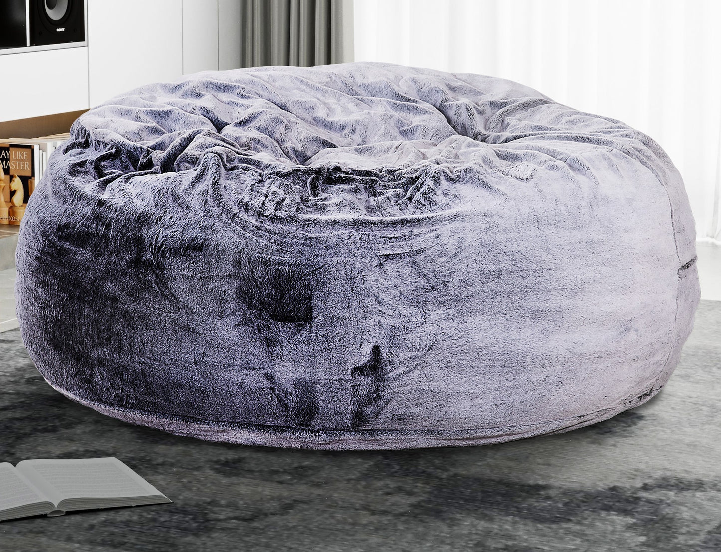 60-Inch Round Memory Foam Bean Bag Chair with Plush Faux-Fur Cover for Modern Living Room Seating Purple