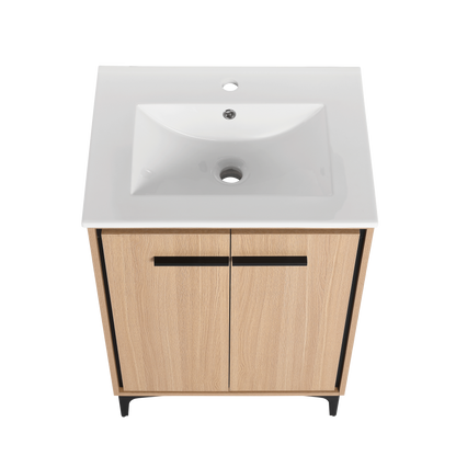 24-Inch Oak Bathroom Vanity with Ceramic Basin and Storage Cabinet