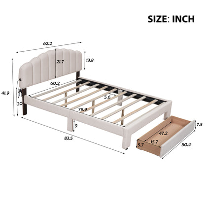 Beige Teddy Fleece Queen Upholstered Platform Bed with Storage Drawer