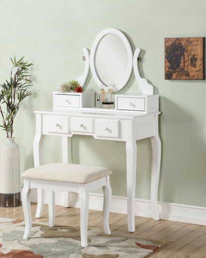 Wood Makeup Vanity Table and Stool Set for Bedroom, Elegant Space-Saving Home Vanity White