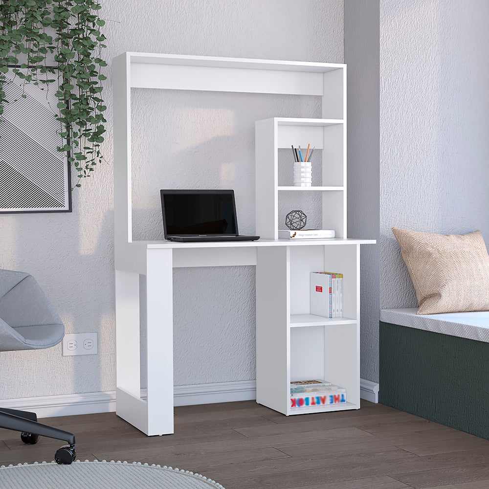 Compact White Desk with Hutch and Shelves