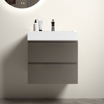 Modern 24" Gray Wall-Mounted Bathroom Vanity with Large Storage and Sleek White Sink Basin