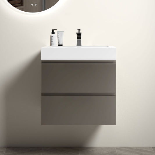 Modern 24" Gray Wall-Mounted Bathroom Vanity with Large Storage and Sleek White Sink Basin