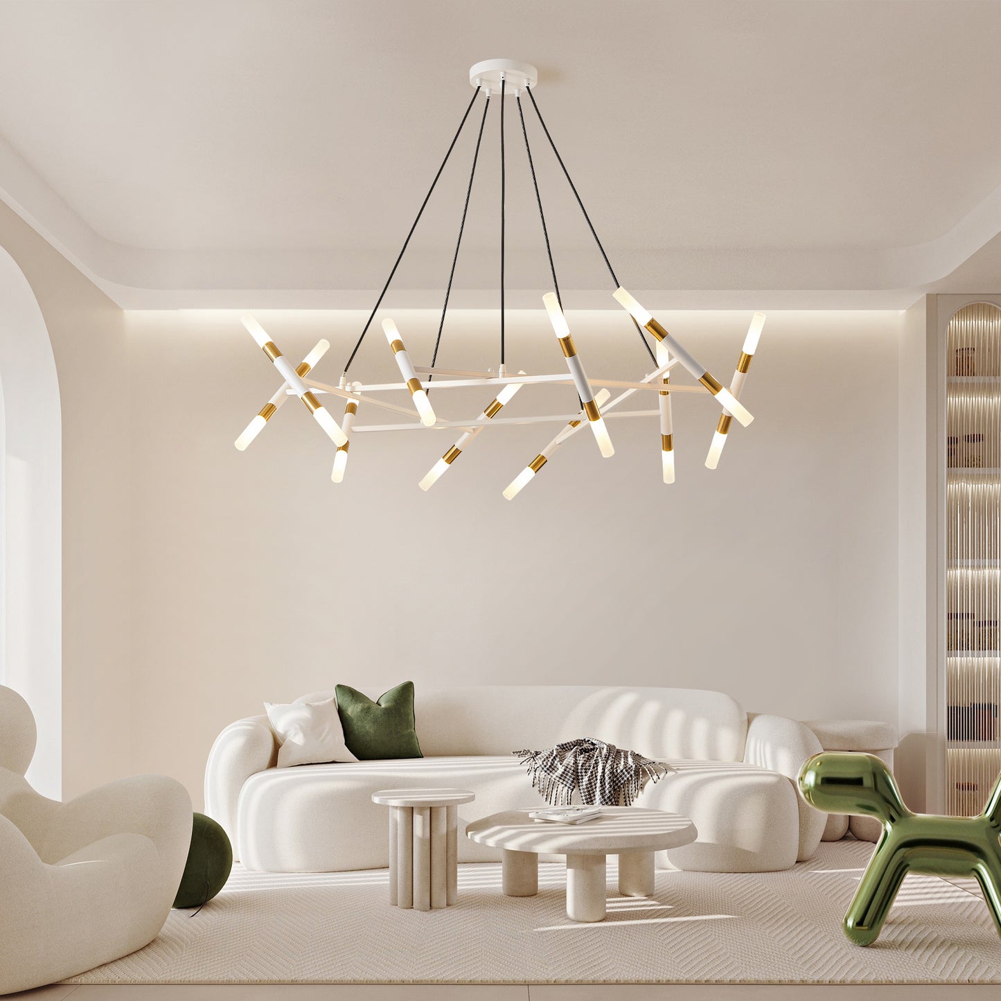 Branch Chandelier, Frosted Tubes, Adjustable Height, Dining Room or Kitchen Island White & Golden
