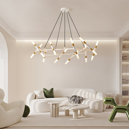 Branch Chandelier, Frosted Tubes, Adjustable Height, Dining Room or Kitchen Island White & Golden