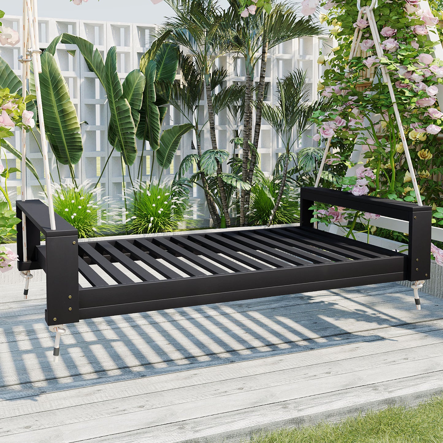 Twin Size Porch Swing Bed Seating Group For Garden And Outdoor Acacia Wood Swing Frame With Hemp Ropes Weatherproof Black