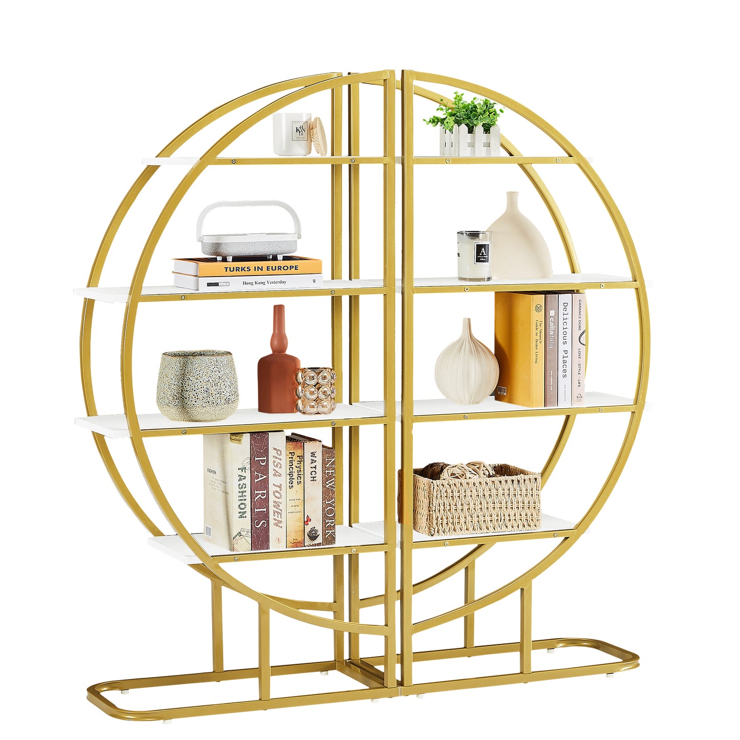 Modern 4-Tier Round Open Bookshelf with Gold Metal Frame and Adjustable Placement Options